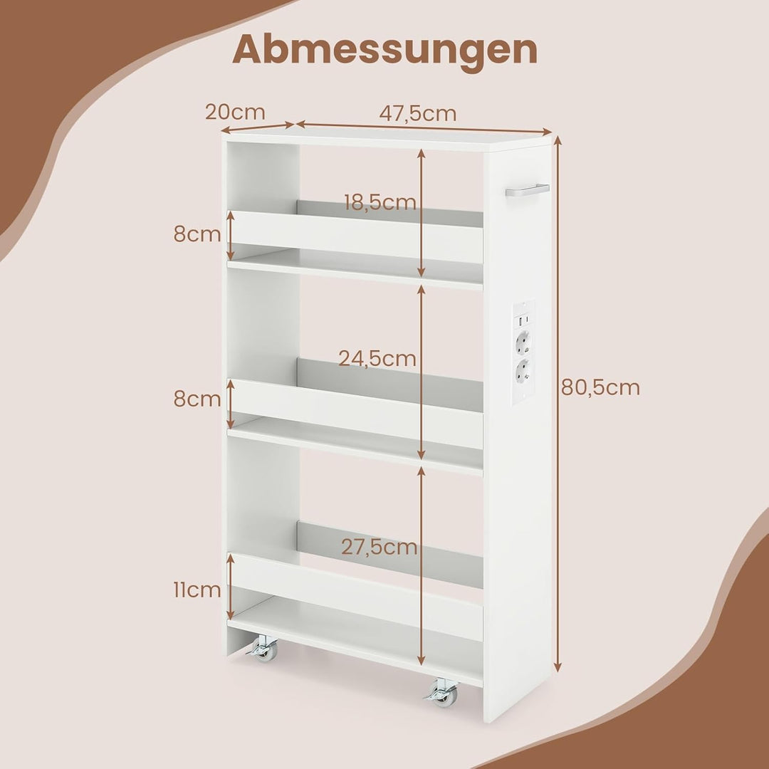 COSTWAY Nischenwagen 20cm breit, 4 Etagen Küchenwagen schmal mit Ladestation, Nischenregal auf Rolle