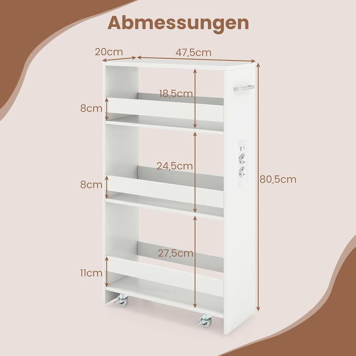 COSTWAY Nischenwagen 20cm breit, 4 Etagen Küchenwagen schmal mit Ladestation, Nischenregal auf Rolle
