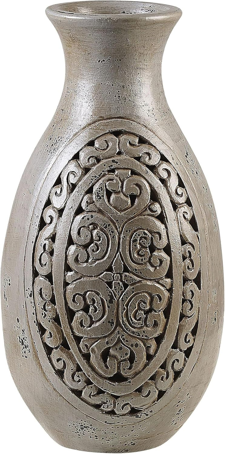 Moderne Dekovase mit floralem Relief Terrakotta 26x26x51 in Grau Megara