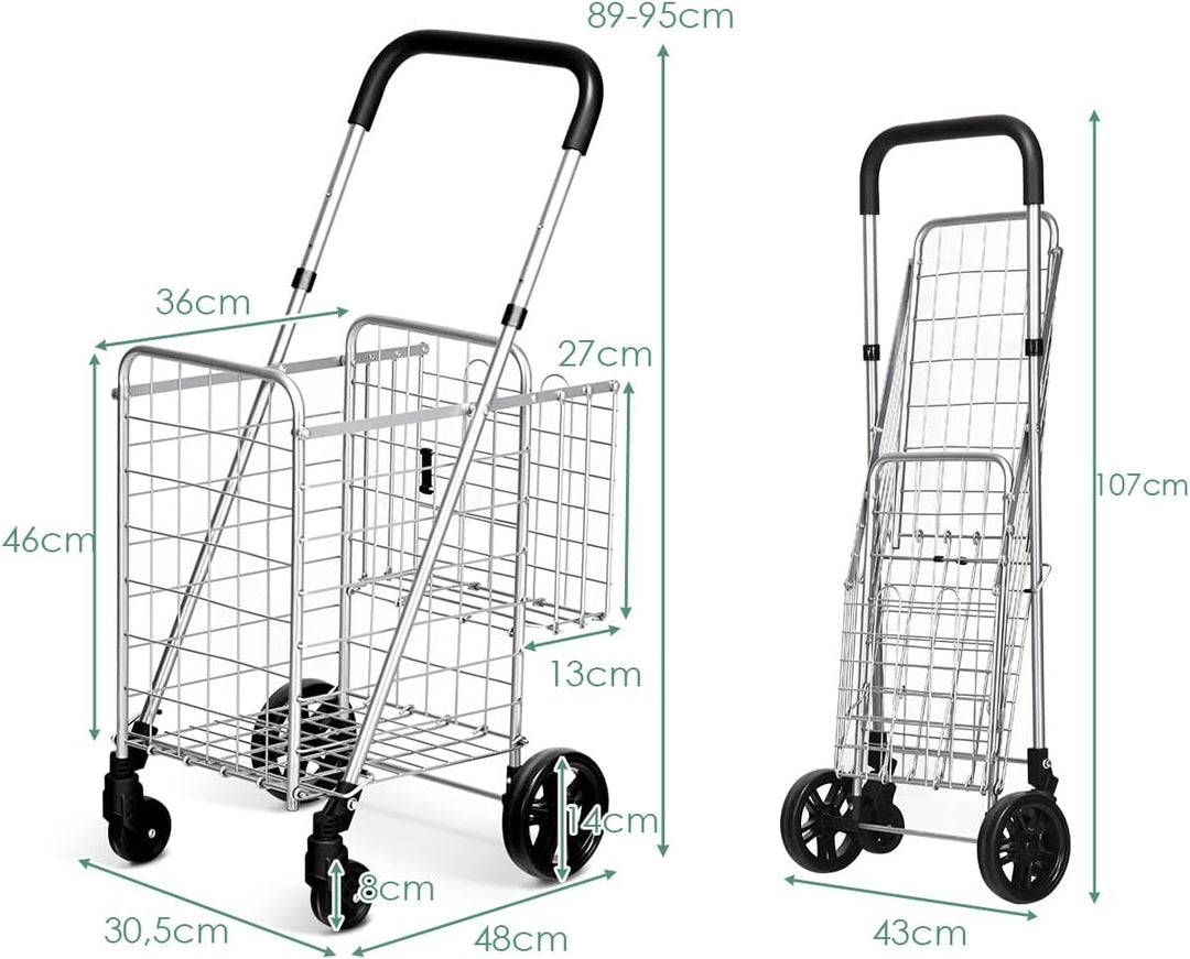 COSTWAY Klappbarer Einkaufstrolley, Einkaufswagen mit Universalrädern & Doppelkorb, 48L+10L, Tragbar