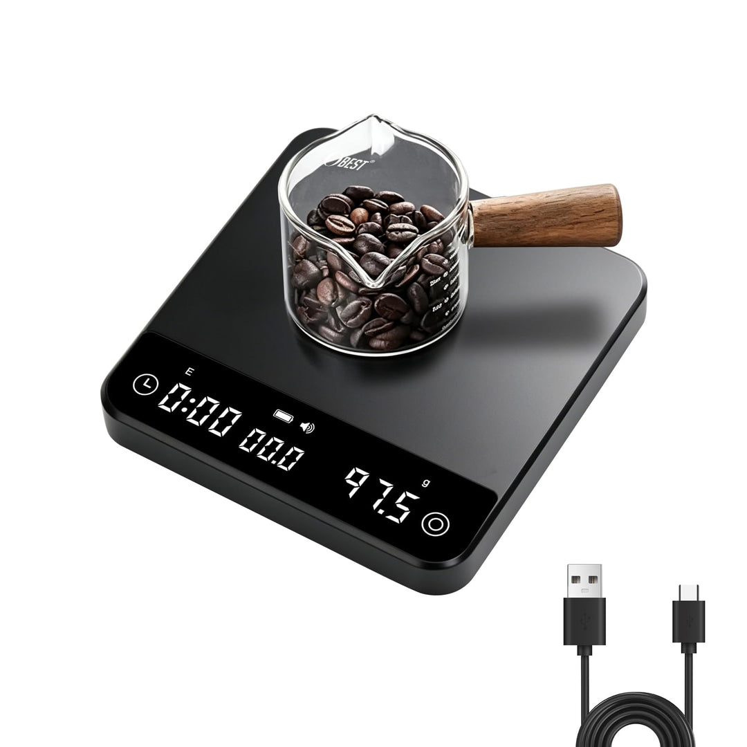 Mini-Kaffewaage mit Timer, 2kg/0,1g, Wiederaufladbar, 4 Brühmodi, Einstellbare Brühverhältnisse, Dur
