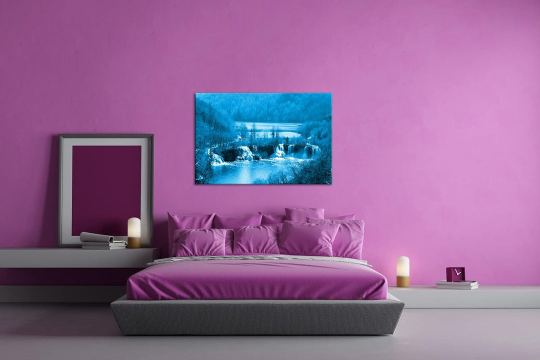 deyoli Kaskaden in Kroatien Format 100x70 Effekt: Monocrome Blau als Leinwandbild, Motiv fertig gera