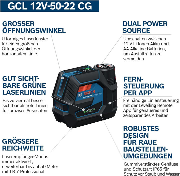Bosch Professional Kombilaser GCL 12V-50-22 CG (Arbeitsbereich von bis zu 50 m mit Empfänger, Dual P