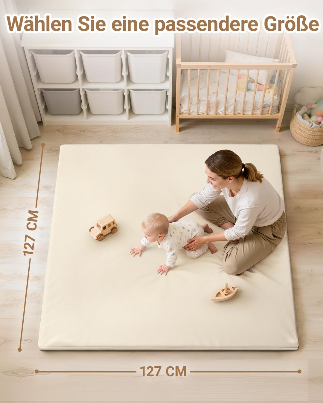 Wasserdicht Krabbelmatte Baby 127x127x3cm,Beige Kunstleder Spielmatte Baby,Schaumfüllung Teppich kin