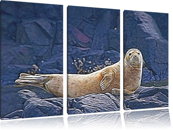 Robbe entspannt auf Felsen NewArt 3-Teiler Leinwandbild 120x80 Bild auf Leinwand, XXL riesige Bilder