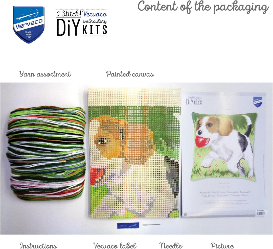 Vervaco Kreuzstichkissen Beagle Kreuzstickpackung vorgedruckt, Stramin, weiss, 40 x 40 x 0,3 cm