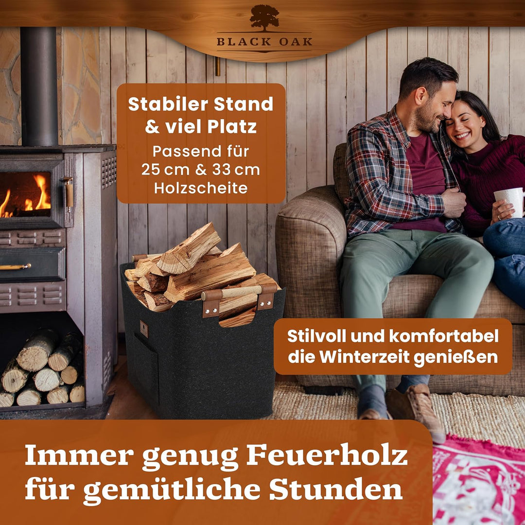 BLACK OAK Montana XL 60L Filzkorb &amp; Holzkorb für Kaminholz - Leder Applikation + rutschfeste Griffe