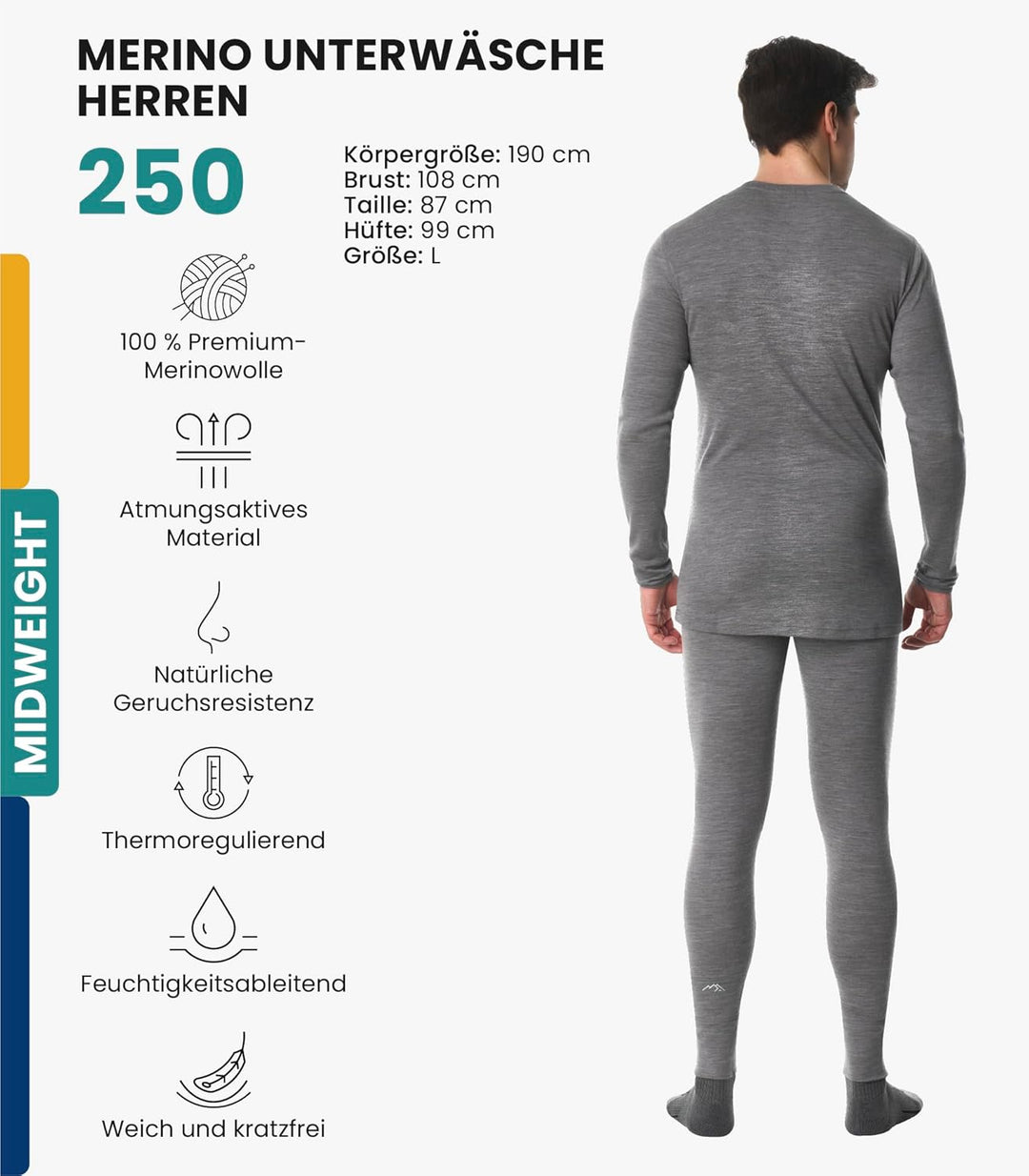 Merino.tech 100% Merino Unterwäsche Herren Set - Leicht, Mittelgewicht, Thermounterwäsche Merinowoll