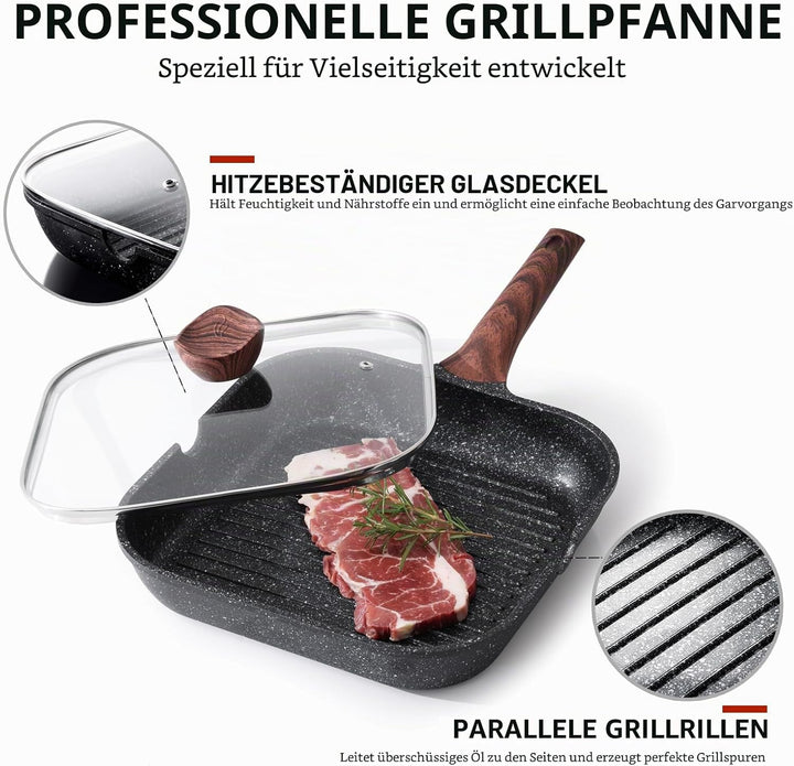 Kordisen Grillpfanne Induktion 24 cm mit Deckel – Grillpfanne mit Ausguss &amp; Steakpfanne quadratisch,