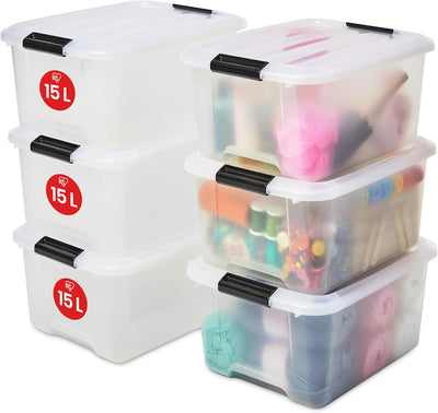 Iris Ohyama, 6er-Set, Aufbewahrungsboxen, 15 L, mit Clips, stapelbar, Wohnzimmer, Schlafzimmer, Gara