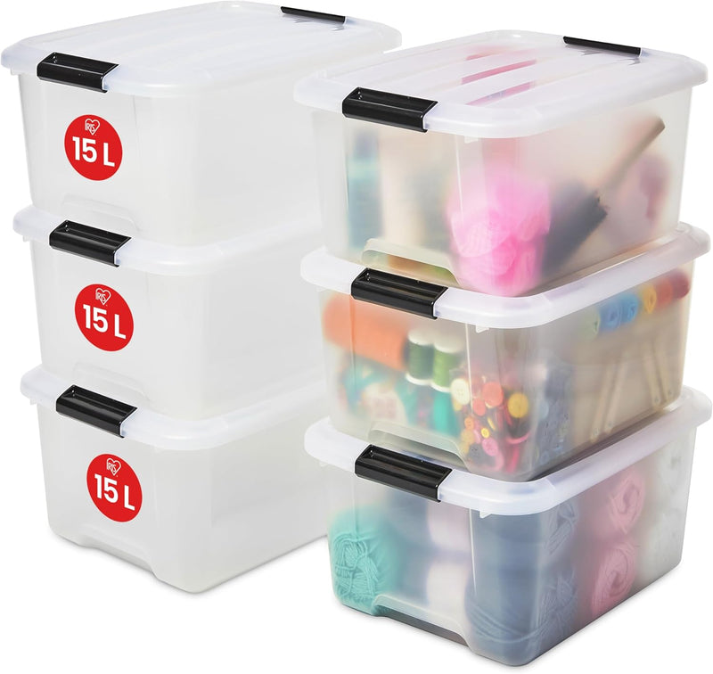 Iris Ohyama, 6er-Set, Aufbewahrungsboxen, 15 L, mit Clips, stapelbar, Wohnzimmer, Schlafzimmer, Gara
