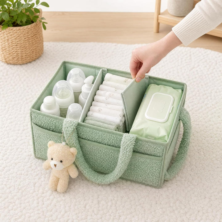 Wickeltasche für Babys, Mommy Bag aus Plüsch, Hellgrün Baby Organizer mit Abnehmbaren Fächern, Wicke