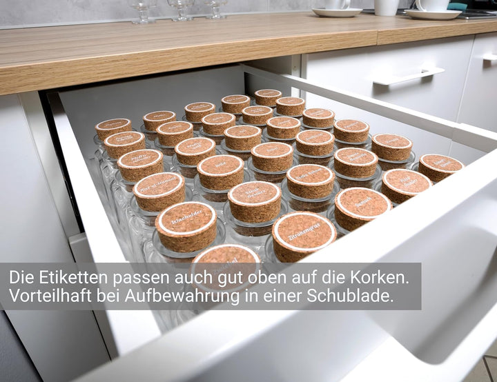 GIESSLE 30x Gewürzgläser mit 94x Etiketten im Set mit Korkverschluss Vorratsgläser Gewürzdosen