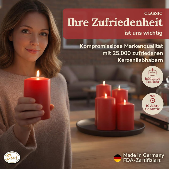 Sin!® 4er Set Teelichthalter & Dauerkerze Classic ROT ∅ 8cm H 9/12/15/18cm Seidenglanz - Die Kerze d