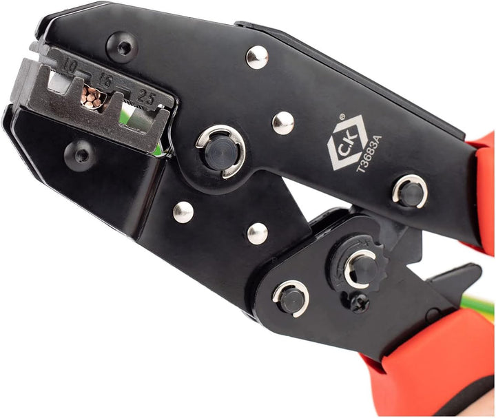 Crimpzange mit Knarrenmechanismus für Aderendhülsen 10-25 mm²