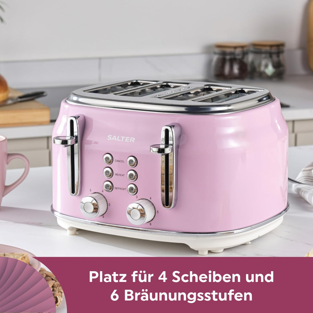 Salter Retro Toaster 4 Scheiben – Breite Schlitze, 6 Bräunungsgrad, Auftauen, Aufwärmen, Abbrechen F