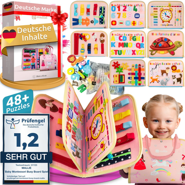 Mallie® Busy Board Deutsch inkl. Gratis Reisetasche & Montessori Buch und Perfekt für Reisen im Auto