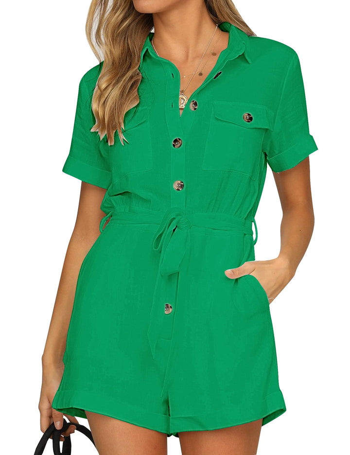 Roskiky Damen Sommer Taschen Gürtel Strampler Knopf Kurzarm Jumpsuit Playsuit M Lustiges Grün, M Lus