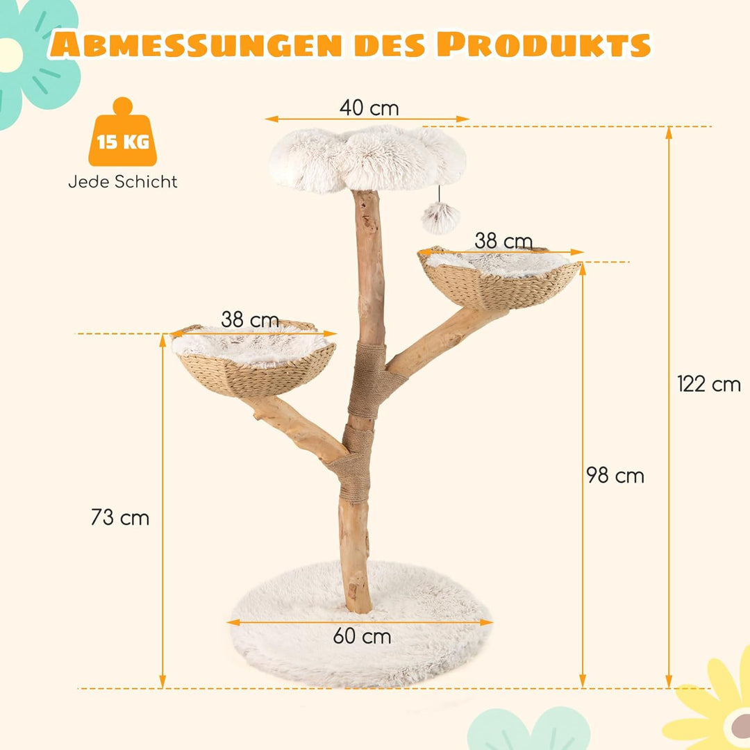 COSTWAY 122 cm Kratzbaum Holz, Katzenbaum mit Sitzfläche, 2 Körben aus Rattan, Kratzpfosten aus Jute