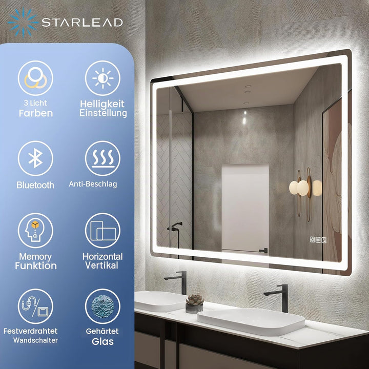 STARLEAD Badspiegel-mit-Beleuchtung 100x70cm, Spiegel-mit-Beleuchtung und Entfoggen, Bluetooth, Dimm
