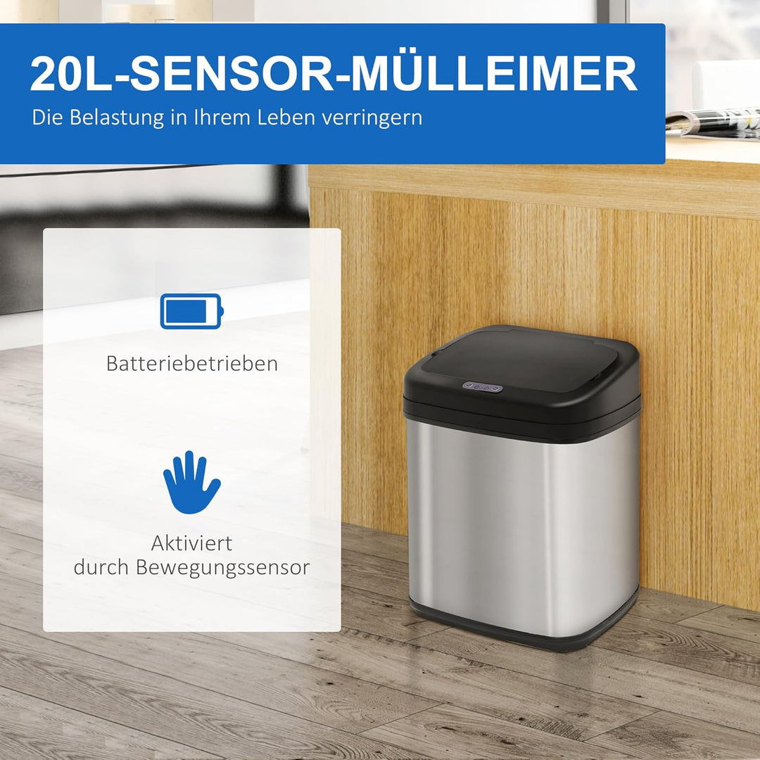 HOMCOM Sensor Mülleimer 20L Edelstahl mit Bewegungssensor Silber+Schwarz | Automatischer Mülleimer,