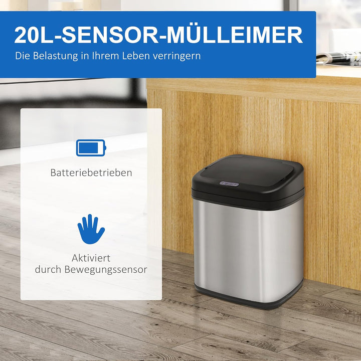 HOMCOM Sensor Mülleimer 20L Edelstahl mit Bewegungssensor Silber+Schwarz | Automatischer Mülleimer,