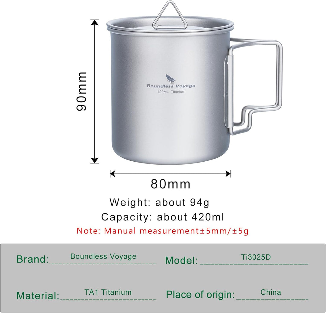 iBasingo 420ml Camping Becher Outdoor Tasse Titan Trinkbecher Mug mit Deckel & Klappgriff Ultraleich