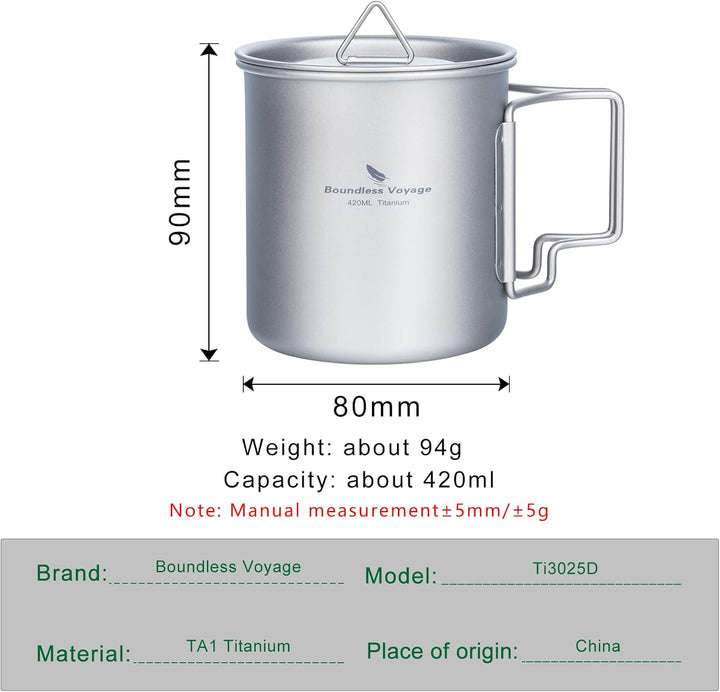 iBasingo 420ml Camping Becher Outdoor Tasse Titan Trinkbecher Mug mit Deckel & Klappgriff Ultraleich