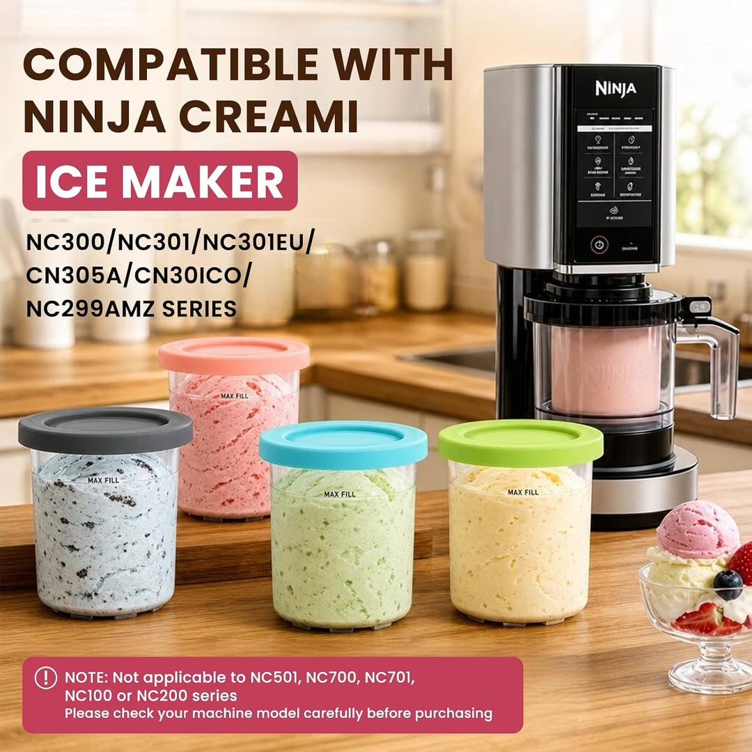 4er-Set Behälter für Ninja Creami Eismaschine | Ninja Creami Behälter mit Löffeln und Deckel, Kompat