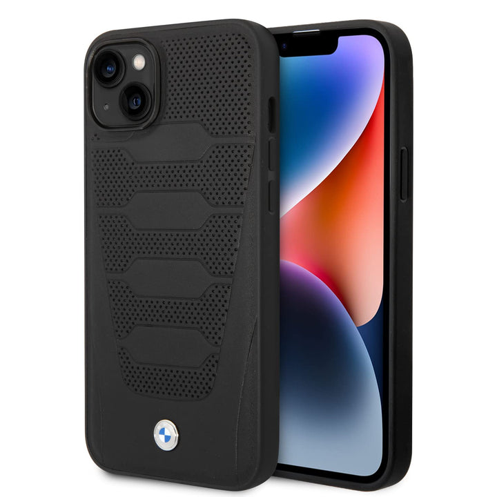 CG MOBILE BMW Phone Case for iPhone 14 Signature Collection in Black Perforated Seats, Real Leather