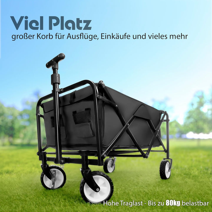 BigDean kompakter Bollerwagen faltbar schwarz bis 80kg belastbar – Kleiner Bollerwagen platzsparend
