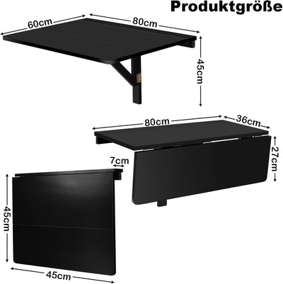 COSTWAY Wandmontierter Klapptisch, 80 x 60 cm, klappbarer Wandtisch, platzsparender Küchentisch Wand