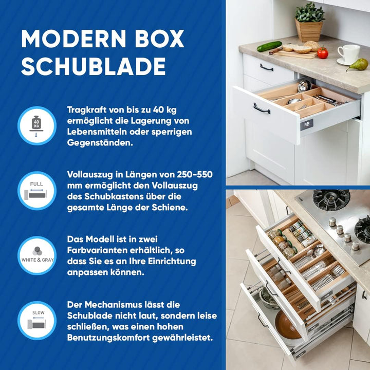 GTV - Modern Box Schublade I L=250mm H=83 mm I Grau I Leises Schliessen I Belastung bis zu 40 kg I E