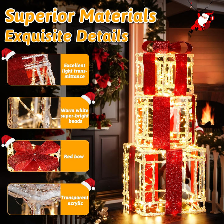 Quntis 3 Set LED Geschenkbox Weihnachten, 215 warmweisse LED beleuchtete Boxen, Weihnachtsdeko Innen