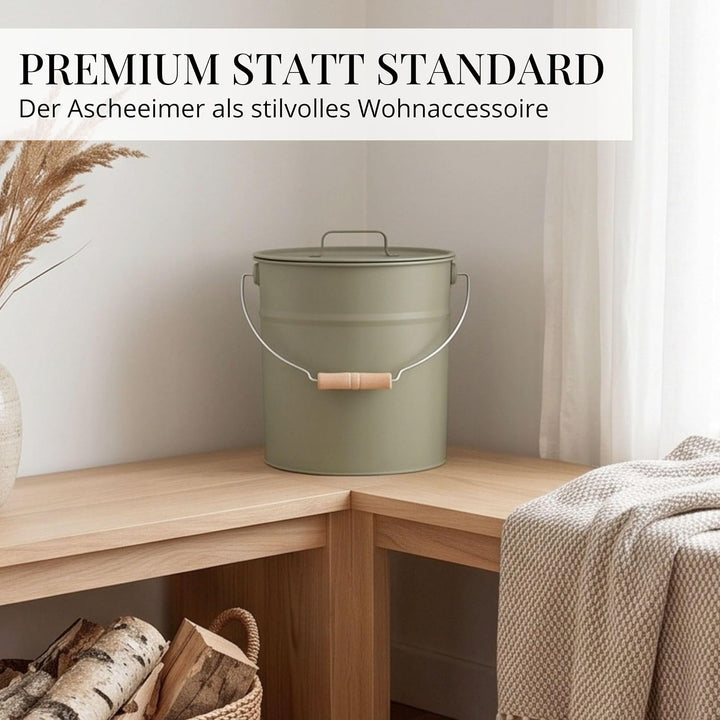 LIVLIG Premium Ascheeimer mit Deckel 12L Moosgrau, verzinkter Eimer mit Deckel für Moderne Kamine, P