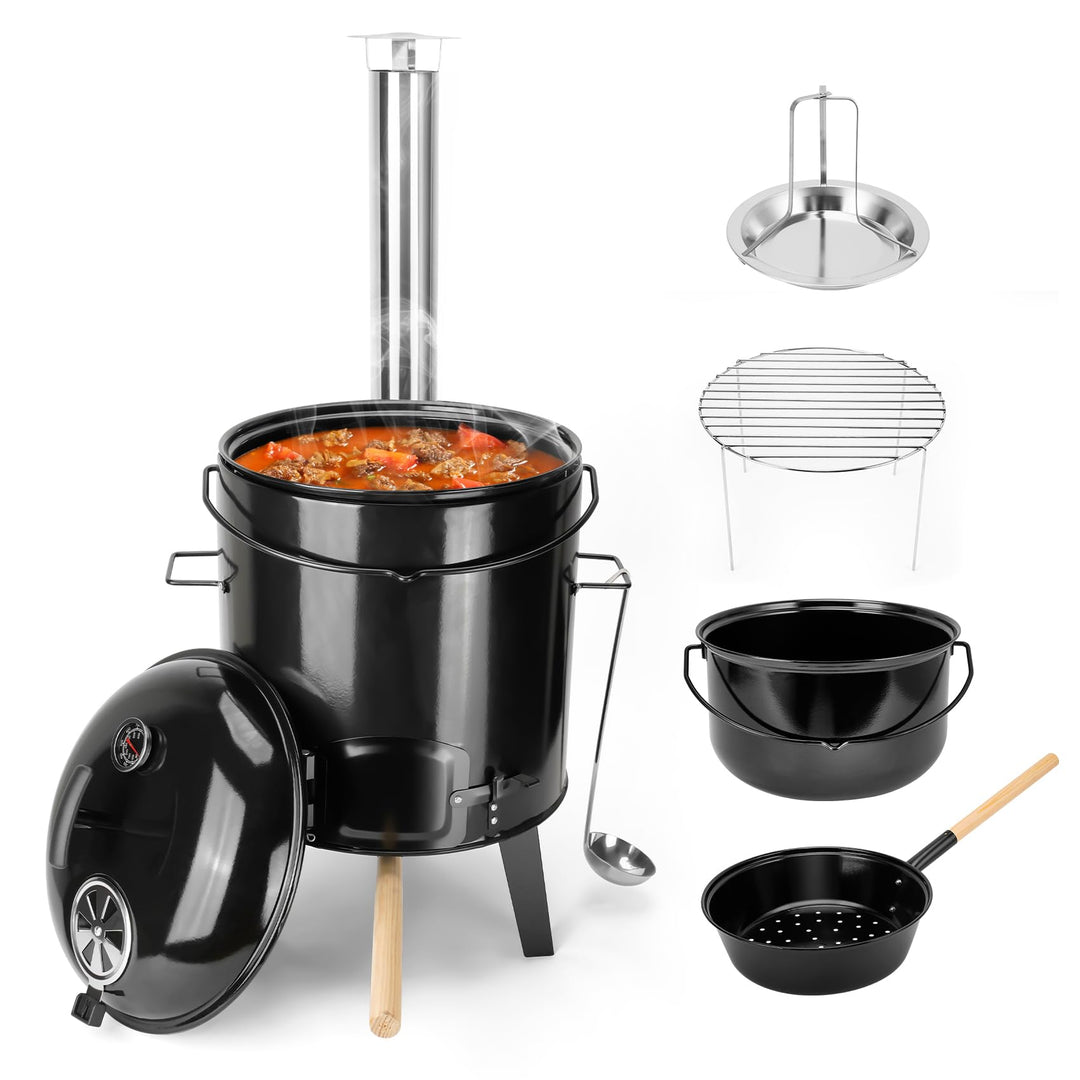 Onlyfire Emailliert Gulaschkanone, Kesselgulasch mit Hähnchenbräter, Grillrost, Suppenkessel, Pfanne