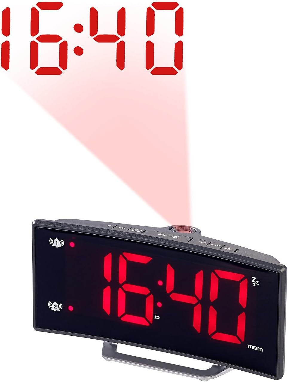 auvisio Weckradio: Projektions-Radiowecker mit Curved-Display, Dual-Alarm & USB-Ladeport (LED Wecker