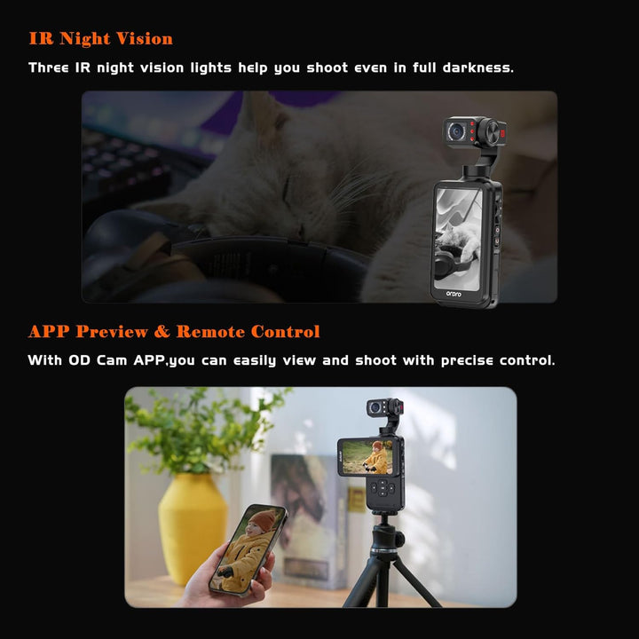 ORDRO M5 5K Vlogging Camera with 3-Axis Stabilizer 120° Ultra-Wide Angle IR Night Vision 3.5'' Rotat