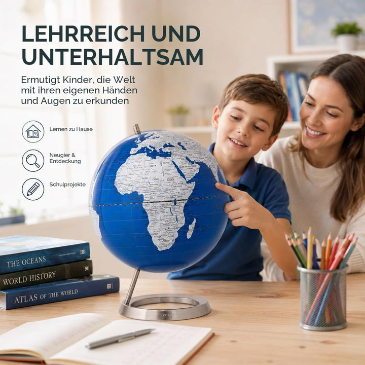 EXERZ 30cm Globus Metallisches Blau mit einem Rostfreier Stahl in Englischer Sprache - Verpackung in