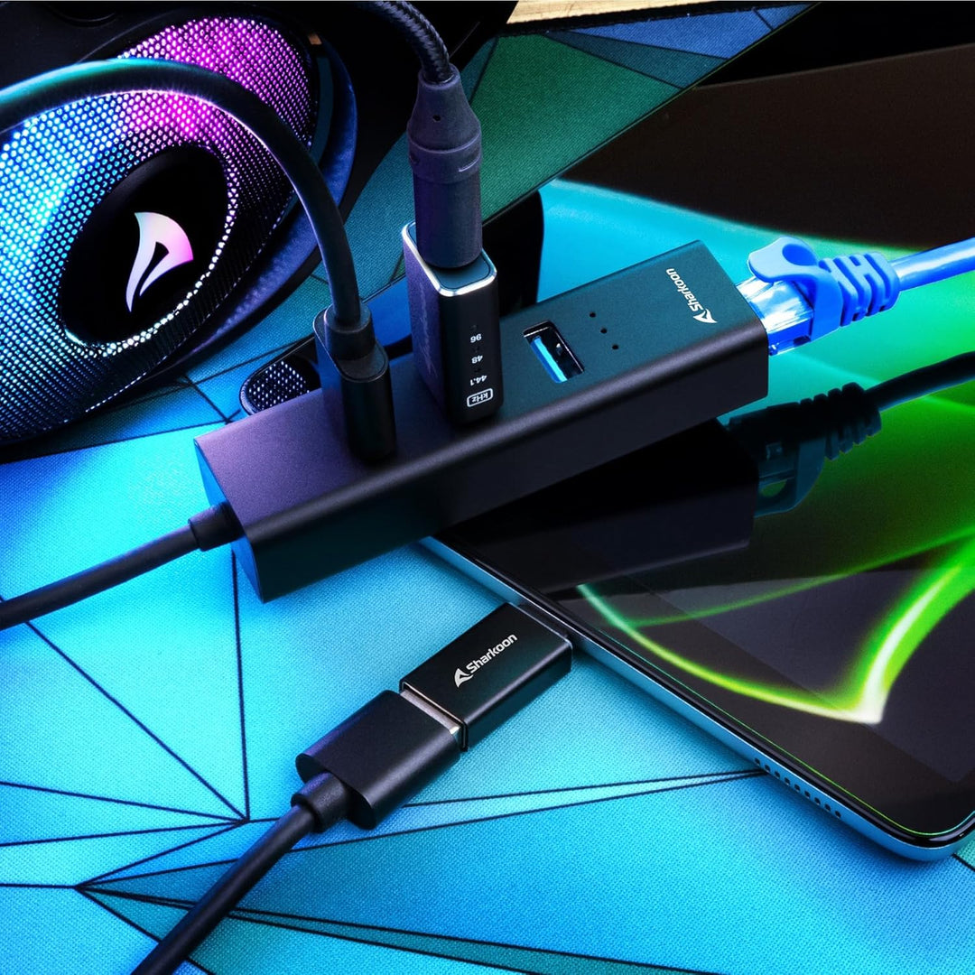 Sharkoon 3-Port USB 3.2 GEN 1 Aluminium Hub, RJ45 Ethernet Adapter, Schwarz