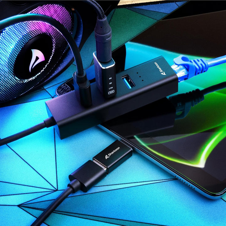 Sharkoon 3-Port USB 3.2 GEN 1 Aluminium Hub, RJ45 Ethernet Adapter, Schwarz