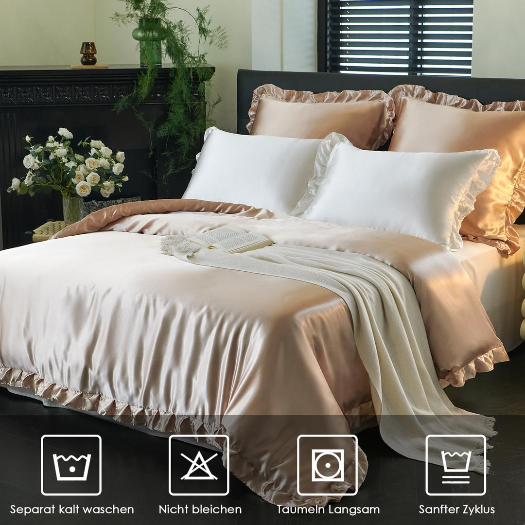 Freyamy Bettwäsche 200x220 Glatt Luxus Seide Bettwäsche Set Khaki Champagne Einfarbig Rüschen Romant