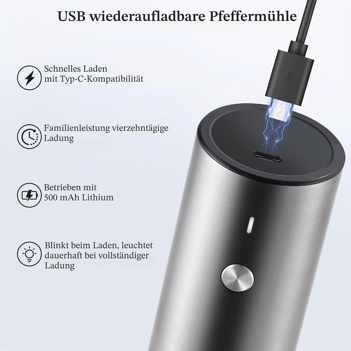 Salz und Pfeffermühle Elektrisch 2er Set, USB Wiederaufladbar, Einstellbarer Grobheit Gewürzmühle, P