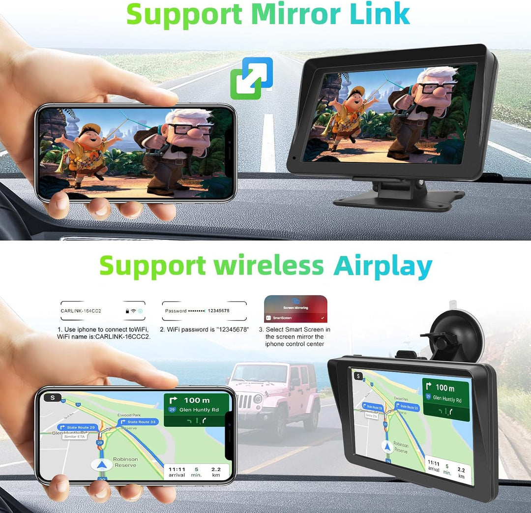Podofo Tragbares Autoradio mit Kabellosem Apple Carplay und Android Auto, 7-Zoll HD Touchscreen, 7V-