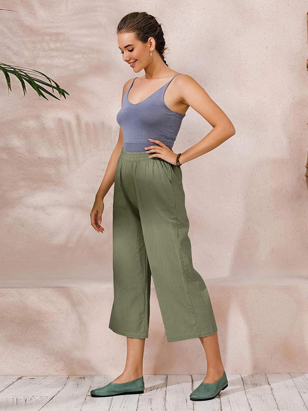 Ecupper Capris Hose Damen Sommer Übergrösse Baumwolle Lässig Hose Stoffhose Weitehosen, Armeegrün