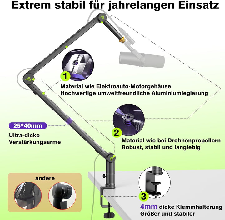 Mikrofon Arm, Max. 3 KG Traglast Mikrofonarm Kompatibel mit Shure SM7B, MV7+ & Co. Gear-Lock Design