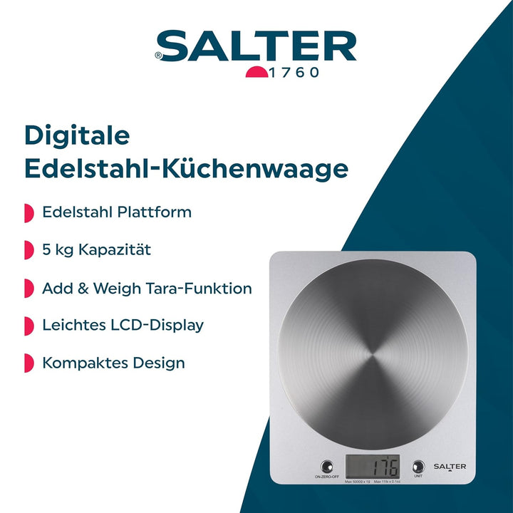 Salter Digitale Küchenwaage - elektrische Lebensmittelwaage mit Edelstahl Plattform, einer Kapazität