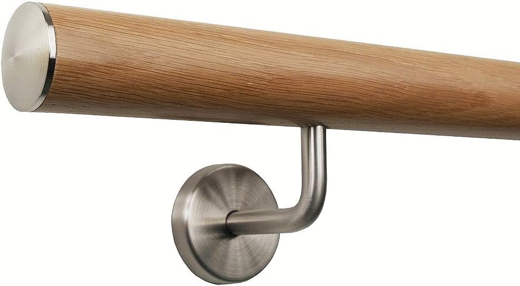 TIBU Eiche Holz Handlauf Geländer 0,3m - 6m, Länge 100 cm, Ende leicht gewölbte Edelstahlkappe und 2
