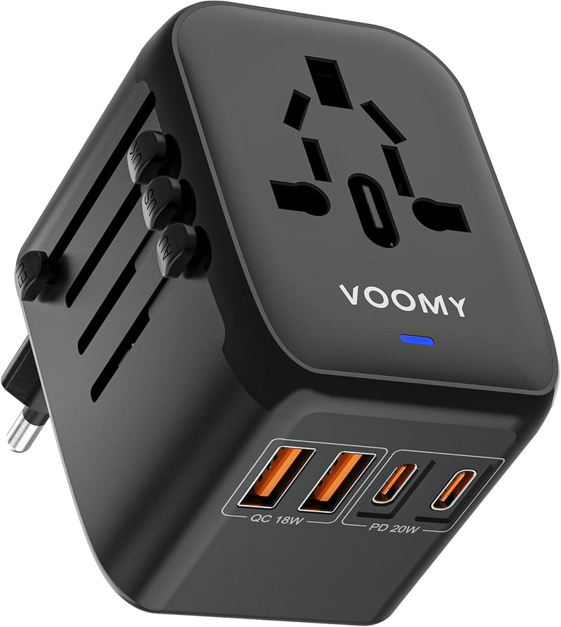 Voomy Reiseadapter Weltweit, Reisestecker mit 2 USB, 2 USB C und 1AC Steckdose, Internationaler Stec