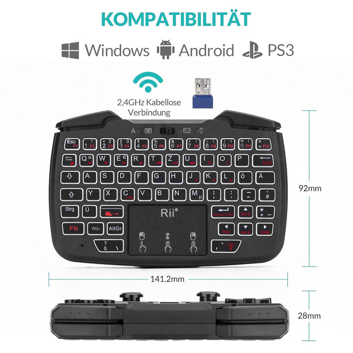 Rii Gaming Controller Wireless mit Tastatur mit Touchpad, 3-in-1-Funktionalität, 2,4GHz-Empfänger-An